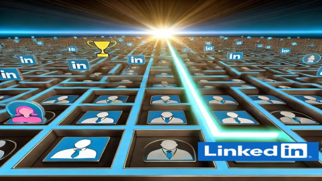 Um labirinto digital de perfis do LinkedIn com caminhos iluminados levando a ícones de sucesso, como um troféu dourado, representando as dicas para encontrar clientes b2b no linkedin