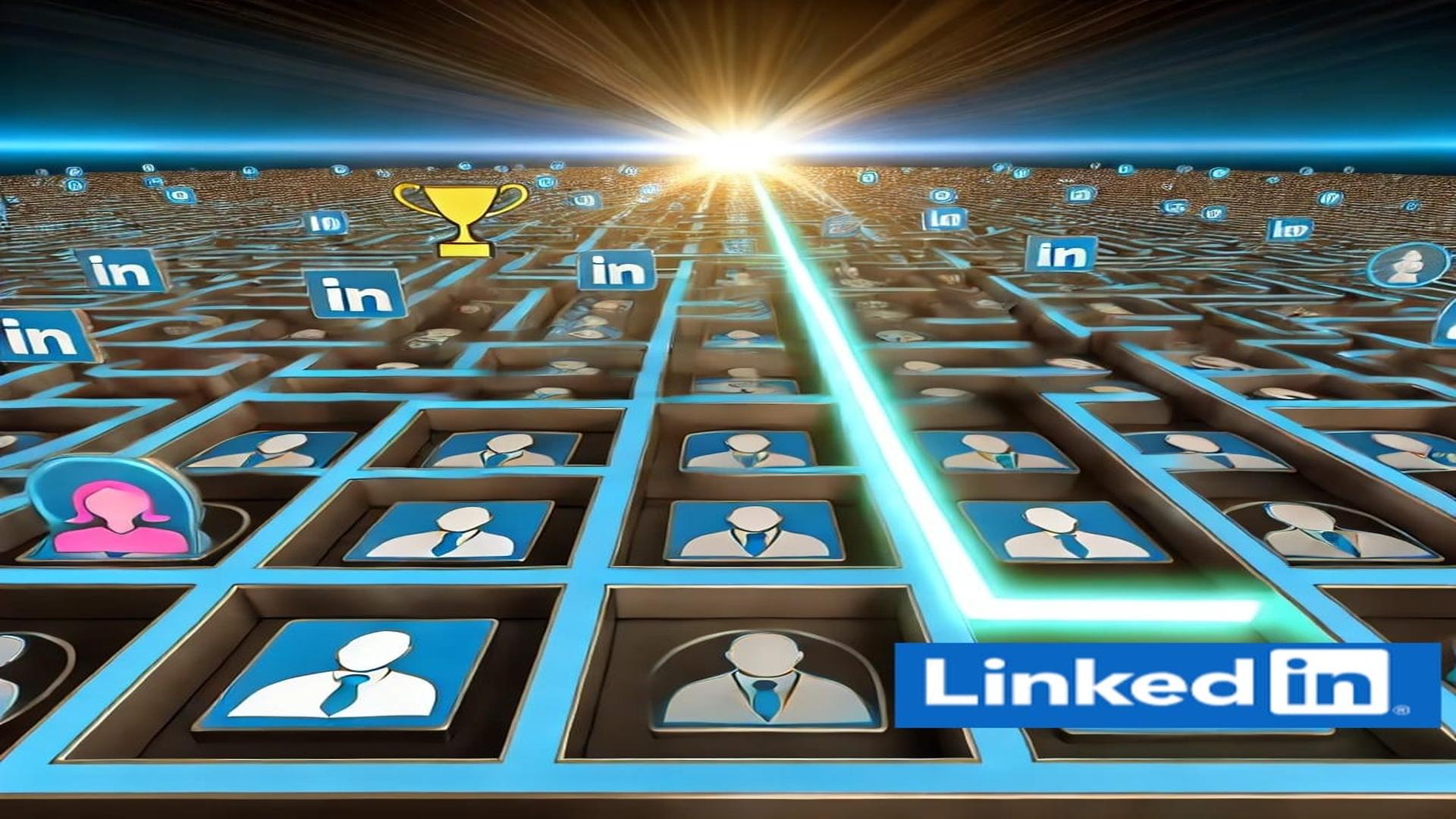 Um labirinto digital de perfis do LinkedIn com caminhos iluminados levando a ícones de sucesso, como um troféu dourado, representando as dicas para encontrar clientes b2b no linkedin