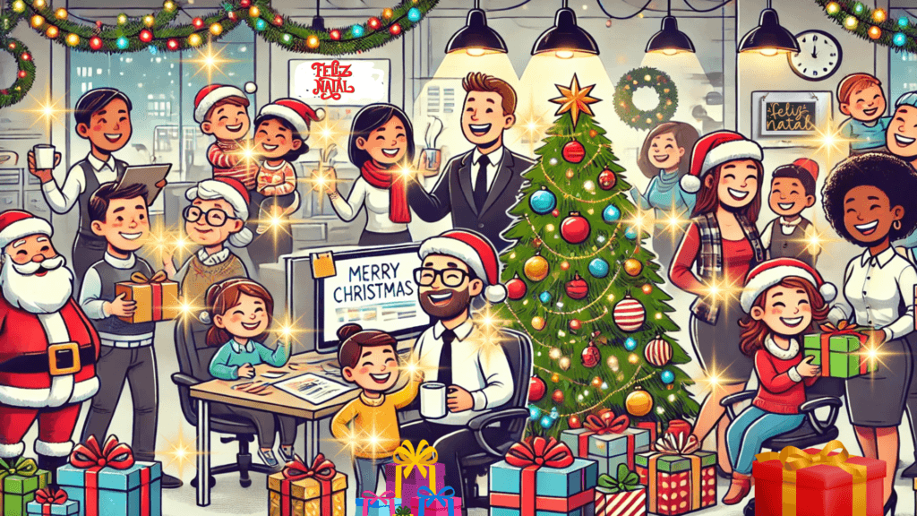 Uma ilustração cartunesca mostrando um ambiente festivo de Natal em um escritório, com uma família planejada trocando presentes e interagindo alegremente, simbolizando estratégias memoráveis de marketing para vender mais no natal
