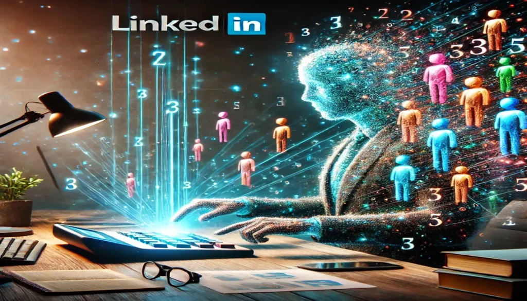 Um contador em um escritório moderno, pressiona um botão em uma calculadora futurista. Números e gráficos saem da calculadora e se transformam em pequenas figuras humanas, simbolizando Como escritórios de contabilidade podem atrair mais clientes