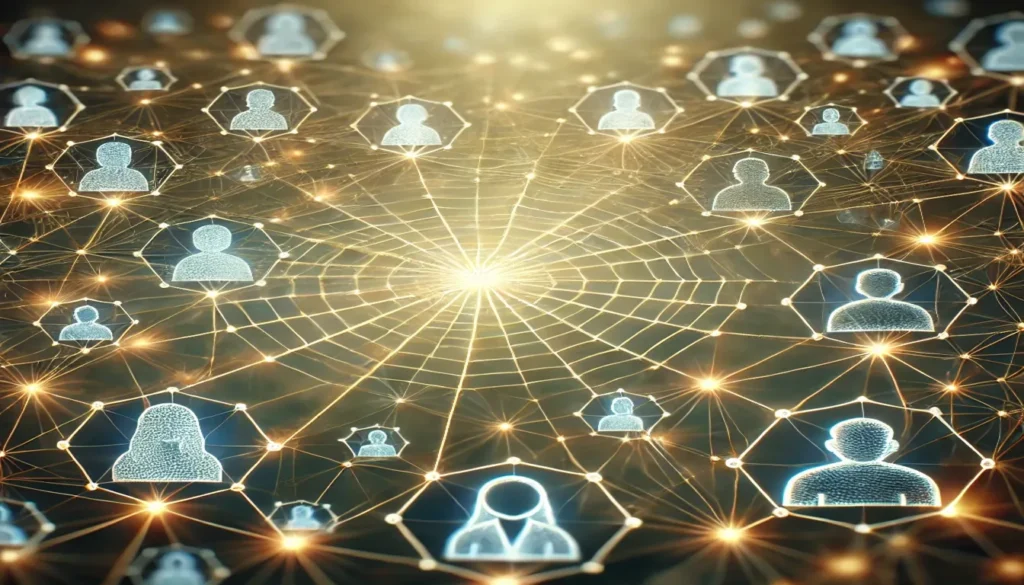 Uma teia de aranha estilizada, formada por linhas detalhadas, com cada ponto da teia representado por figuras humanas ou ícones de perfis, simbolizando Como escritórios de contabilidade podem atrair mais clientes através de Networking Eficientes no LinkedIn