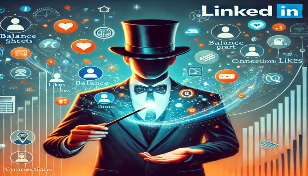 Um mágico moderno em um escritório sofisticado, usando uma cartola e uma varinha para transformar gráficos financeiros, balanços e relatórios contábeis em conexões humanas, ícones de perfis do LinkedIn e análises de engajamento, representando como escritórios de contabilidade podem atrair mais clientes com marketing de conteúdo