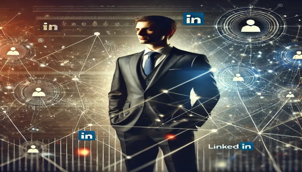 Um profissional de terno no centro de uma rede de conexões digitais com linhas e nós flexíveis, representando a construção de autoridade e conexões de alta qualidade no LinkedIn.