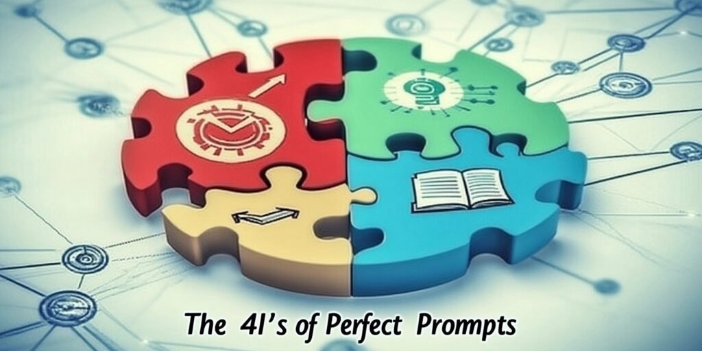 Gráfico ilustrado em formato de quebra-cabeça com quatro peças coloridas, cada uma representando um conceito: tempo, conexão, conhecimento e organização. Texto 'The 4I's of Perfect Prompts' na parte inferior. Fundo com rede interconectada para representar colaboração