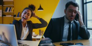 Imagem dividida de uma advogada sorrindo em frente ao computador e um advogado frustrado ao telefone, representando a importância de uma estratégia eficaz de redes sociais para advogados.