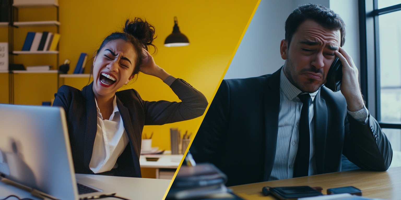 Imagem dividida de uma advogada sorrindo em frente ao computador e um advogado frustrado ao telefone, representando a importância de uma estratégia eficaz de redes sociais para advogados.