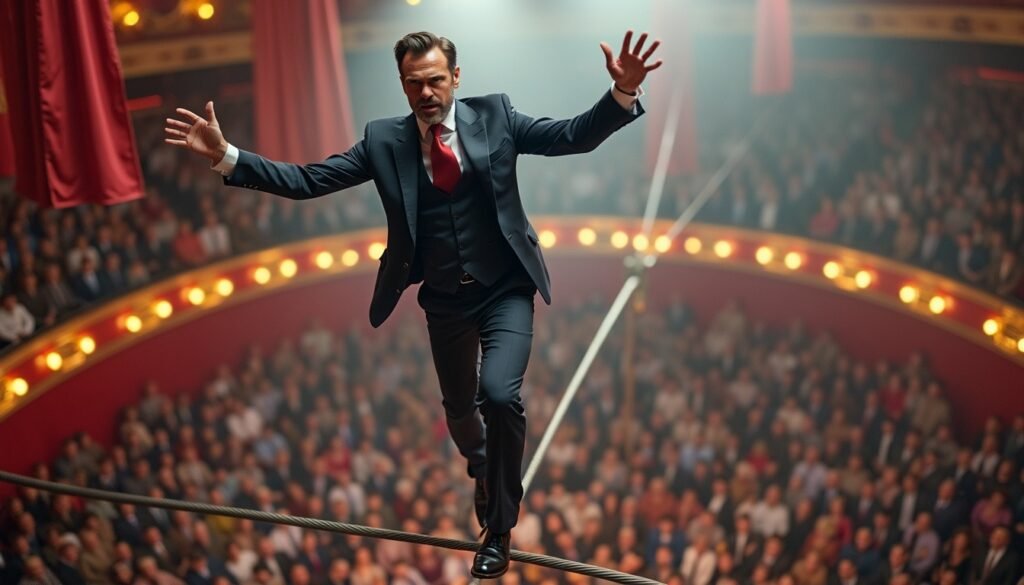 Homem de terno equilibrando-se em uma corda bamba no circo, simbolizando os desafios e estratégias de como aumentar as vendas da sua empresa através da Receita Previsível e organização de vendas.