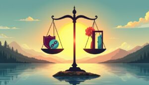 Análise SWOT: os pontos fortes e fracos de sua empresa, ilustrados através de uma balança equilibrando forças e fraquezas, representando a avaliação estratégica da metodologia SWOT