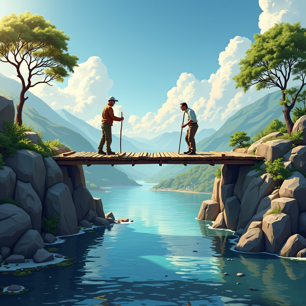 Duas pessoas se encontram no meio de uma ponte de madeira sobre um rio em um vale montanhoso, simbolizando a conexão e compreensão mútua necessárias para entender melhor o cliente e vender mais.