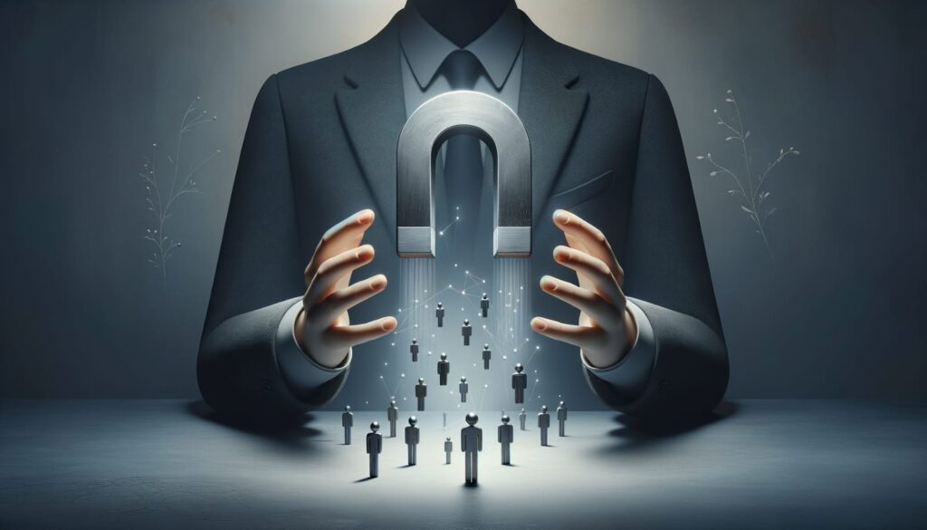 Silhueta de homem controlando um imã que atrai várias pessoas, simbolizando o sucesso de uma empresa em atrair clientes.