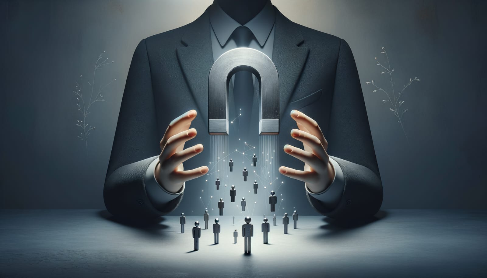 Silhueta de homem controlando um imã que atrai várias pessoas, simbolizando o sucesso de uma empresa em atrair clientes.