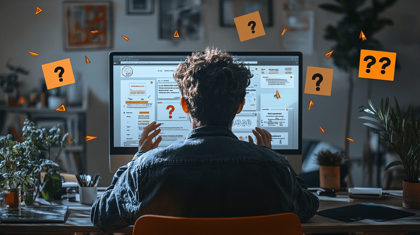 Homem de costas no computador cercado por pontos de interrogação, simbolizando a dúvida sobre quando vale a pena fazer tráfego pago.