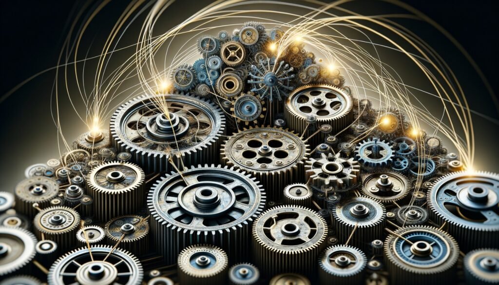 Engrenagens metálicas funcionando de forma sincronizada, representando como construir uma maquinas de vendas com a receita previsível.
