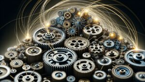 Engrenagens metálicas funcionando de forma sincronizada, representando como construir uma maquinas de vendas com a receita previsível.