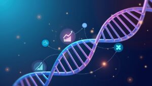 Hélice de DNA com ícones de gráficos de crescimento e estratégias, simbolizando os processos comerciais essenciais para melhorar as vendas da sua empresa