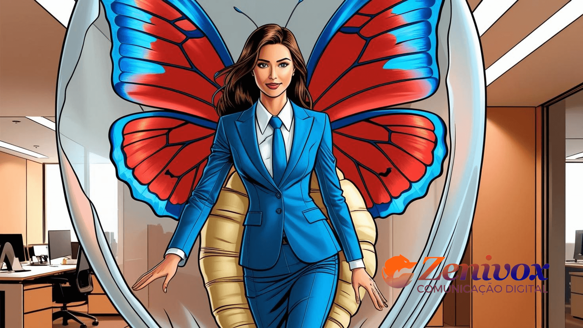 Uma mulher em um ambiente corporativo, emergindo de um casulo com asas de borboletas vibrantes, simbolizando a evolução do que se faz no marketing nos últimos anos.