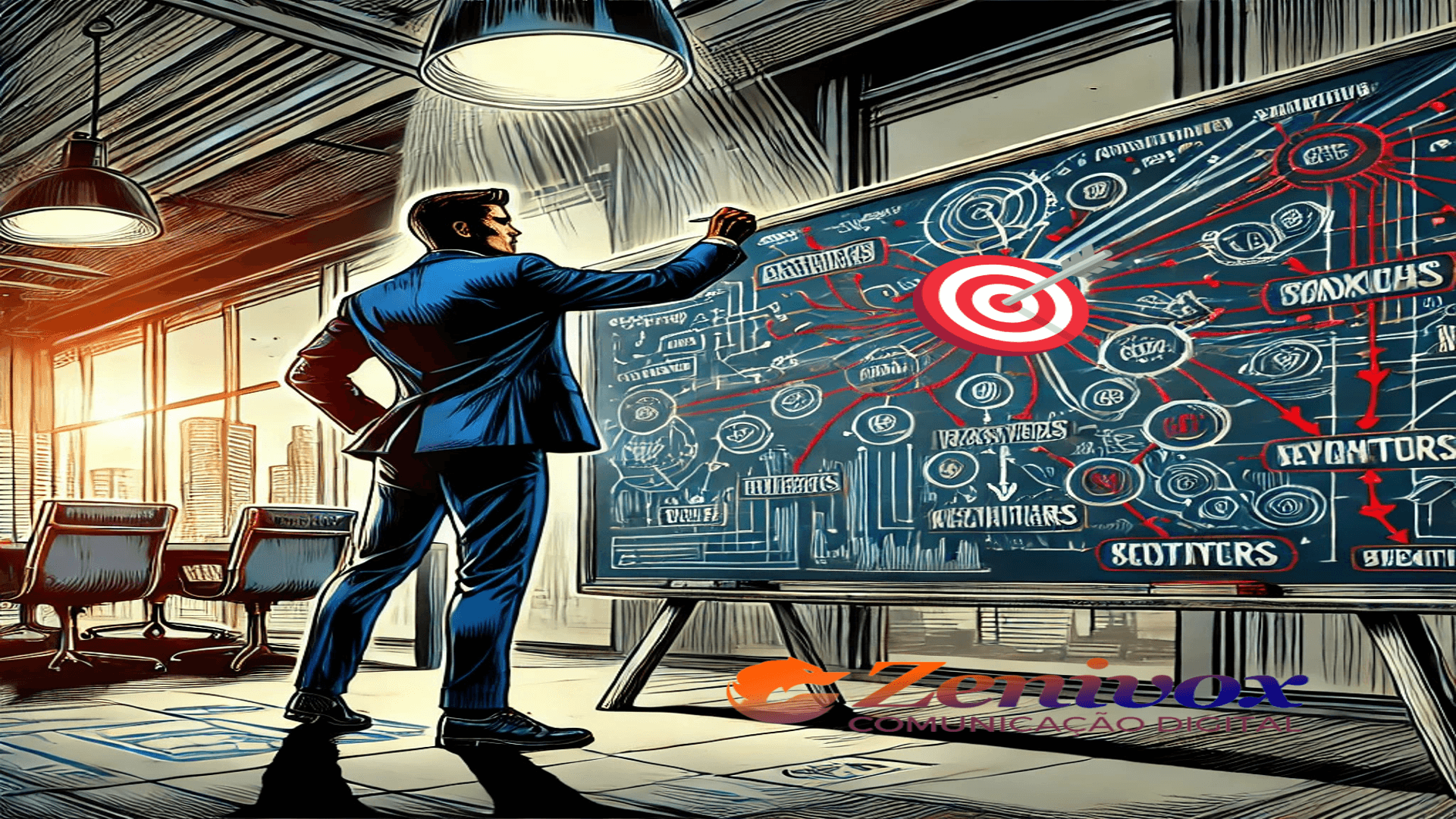 Homem de terno criando um mapa mental em uma lousa, com anotações estratégicas e um alvo no centro. A imagem simboliza planejamento, foco em metas e estratégias eficientes para vendas no começo do ano.