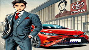 Homem de terno cinza elegante com gravata vermelha, em frente a uma entrega da Toyota e um carro vermelho moderno, representando como melhorar processos comerciais com a ajuda da Toyota
