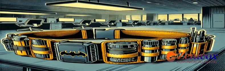 Uma ilustração estilizada de um cinto do Batman utilitário futurista em tons amarelos e pretos, com um design inspirado no estilo das histórias em quadrinhos, destacando como definir o design da sua marca