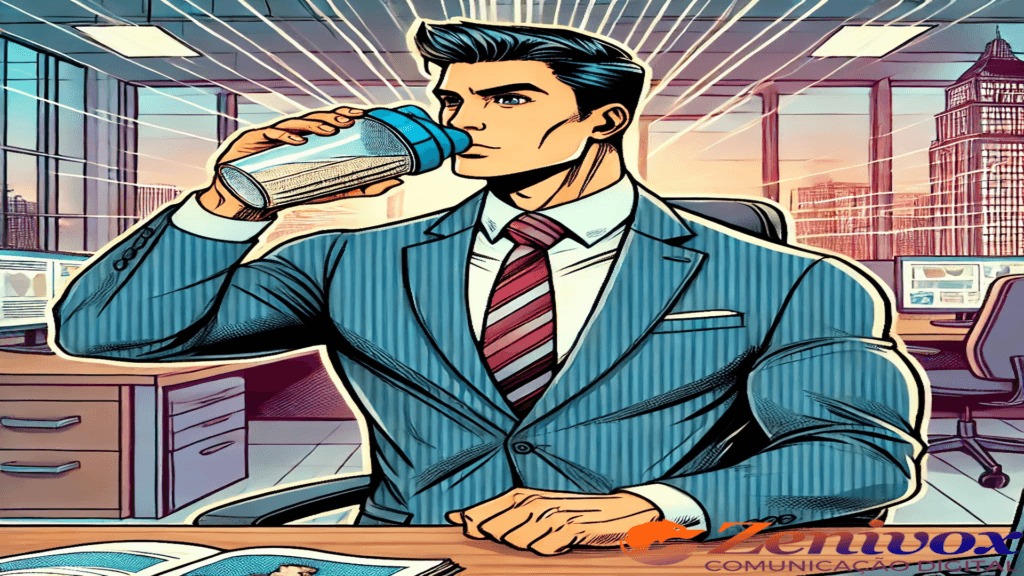 Ilustração em estilo de quadrinhos representando um homem de terno tomando whey protein em um escritório moderno. A imagem simboliza a relação entre o conteúdo e a estrutura do site como músculos treinados na academia, enquanto as ferramentas de SEO representam a alimentação e os suplementos que otimizam os resultados.