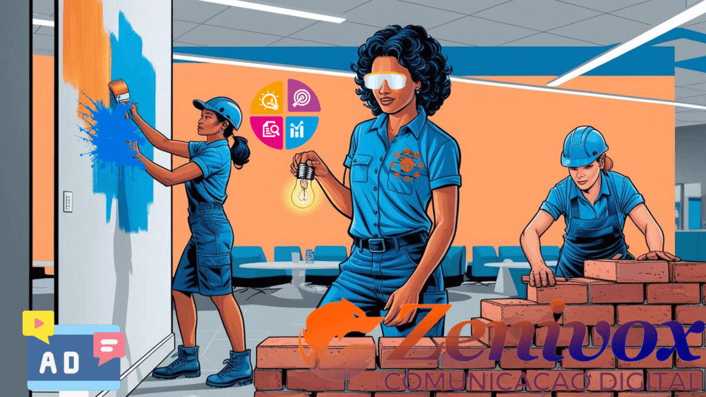 Uma ilustração criativa mostrando uma equipe trabalhando na construção de uma agência moderna de marketing. Um aplicativo de pintor com cores vibrantes em uma parede, representando a criatividade e personalização. Ao lado, um profissional ajusta uma lâmpada, simbolizando ideias inovadoras, enquanto outra trabalha com tijolos, representando a construção de uma base sólida. A imagem reflete a analogia de uma agência de marketing como uma equipe que construiu estratégias com criatividade, inovação e estrutura.