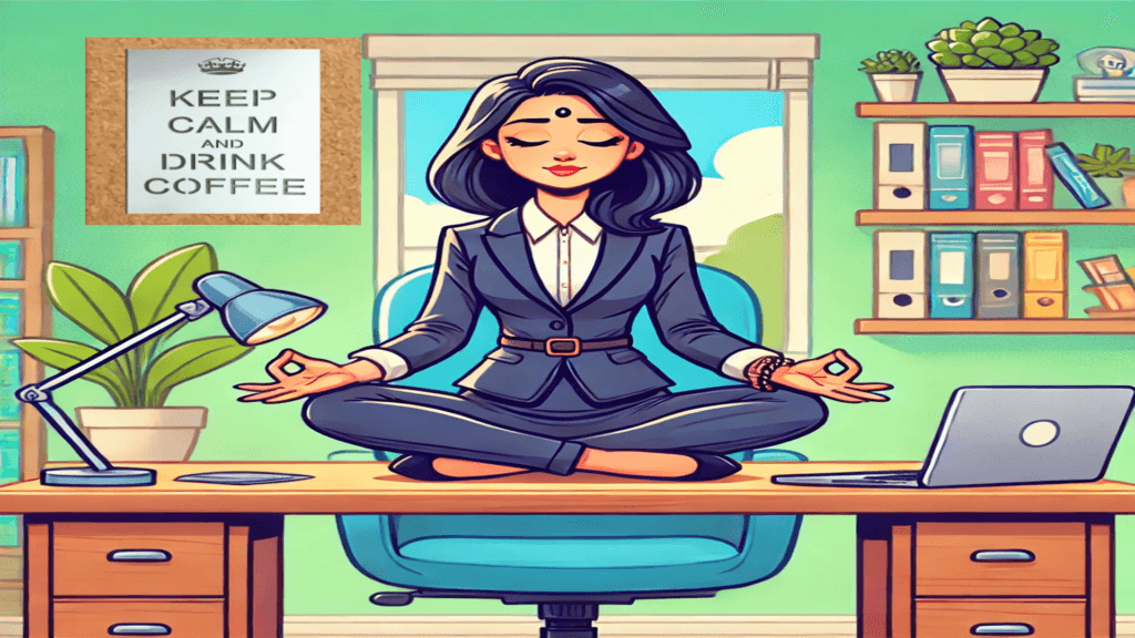 Ilustração de uma mulher em um escritório, vestida com traje social, meditando em posição de lótus sobre uma mesa. A cena transmite calma e foco, simbolizando como o SDR deve ter capacidade de lidar com rejeição com elementos do escritório ao fundo, como plantas, estantes com pastas e um computador.