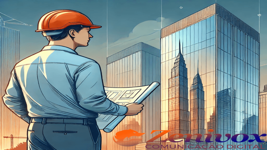 Ilustração de um engenheiro com capacete laranja olhando para um prédio espelhado, representando a supervisão e comando de um projeto. Imagem com tons suaves de azul e laranja, destacando como a assessoria de marketing é como o engenheiro no comando