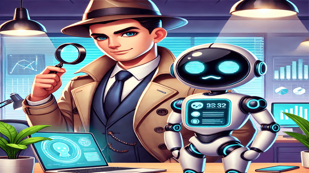 Ilustração de um detetive humano e um robô assistente trabalhando juntos em um escritório moderno, representando as ferramentas utilizadas pelo SDR para gerar leads e analisar dados.
