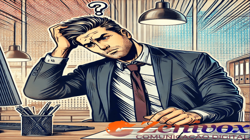 Homem em escritório, com expressão de dúvida, representando a dificuldade de escolher entre agências ou assessoria de marketing