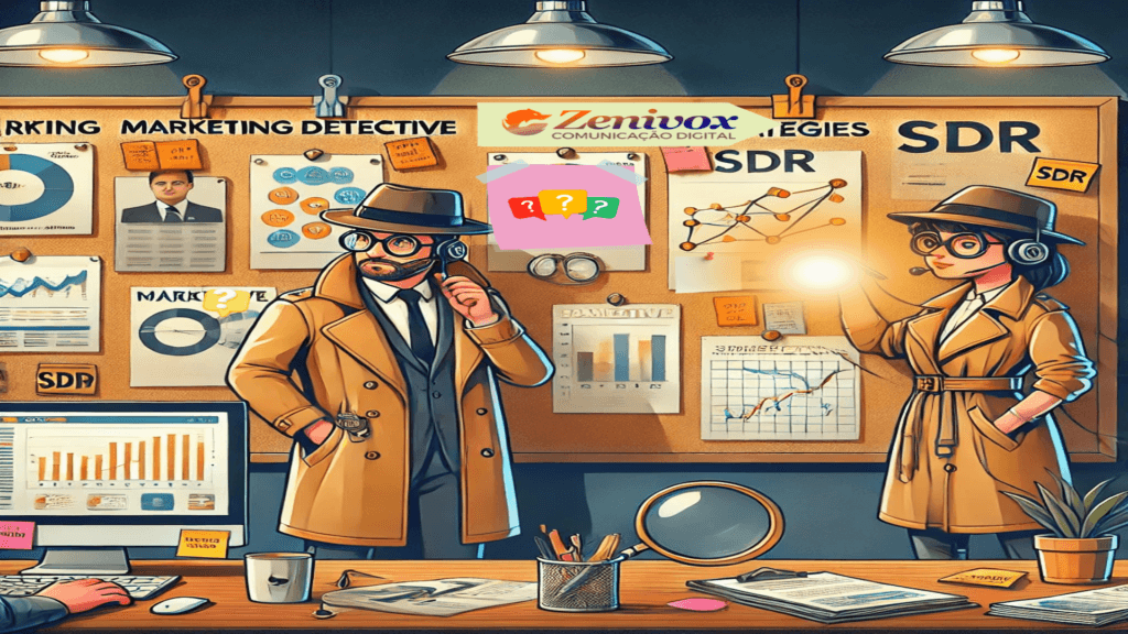 Ilustração cartunesca destacando a colaboração entre o SDR e a equipe de marketing. A imagem mostra dois detetives designados de forma criativa: o detetive de marketing, analisando pistas e dados, e o SDR, construindo estratégias e conectando informações. Eles trabalham em um ambiente de escritório temático, simbolizando a integração e a conexão estratégica entre os papéis.