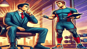 Ilustração em estilo de quadrinhos mostrando um personal trainer explicando para um homem de terno sentado, simbolizando o conceito que SEO On-Page para Escritórios de Propriedade Intelectual é como um personal trainer do seu site