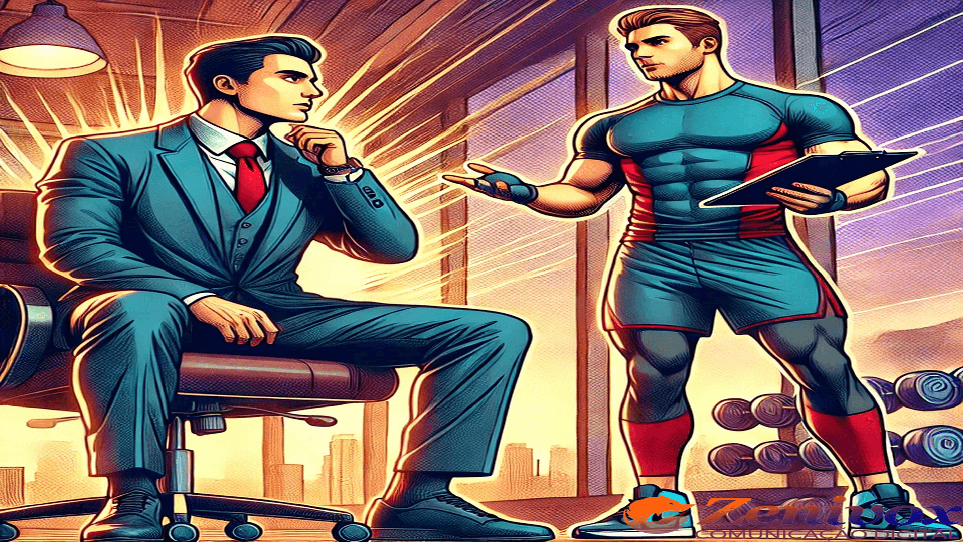 Ilustração em estilo de quadrinhos mostrando um personal trainer explicando para um homem de terno sentado, simbolizando o conceito que SEO On-Page para Escritórios de Propriedade Intelectual é como um personal trainer do seu site