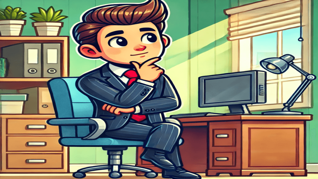 Ilustração de um jovem profissional de negócios em um escritório, sentado em uma cadeira e aparentando estar pensativo. Ele veste um terno elegante e está com a mão no queixo, destacando reflexão. O ambiente ao redor inclui uma mesa com um computador , iluminação, armários e plantas, com luz natural entrando pela janela.