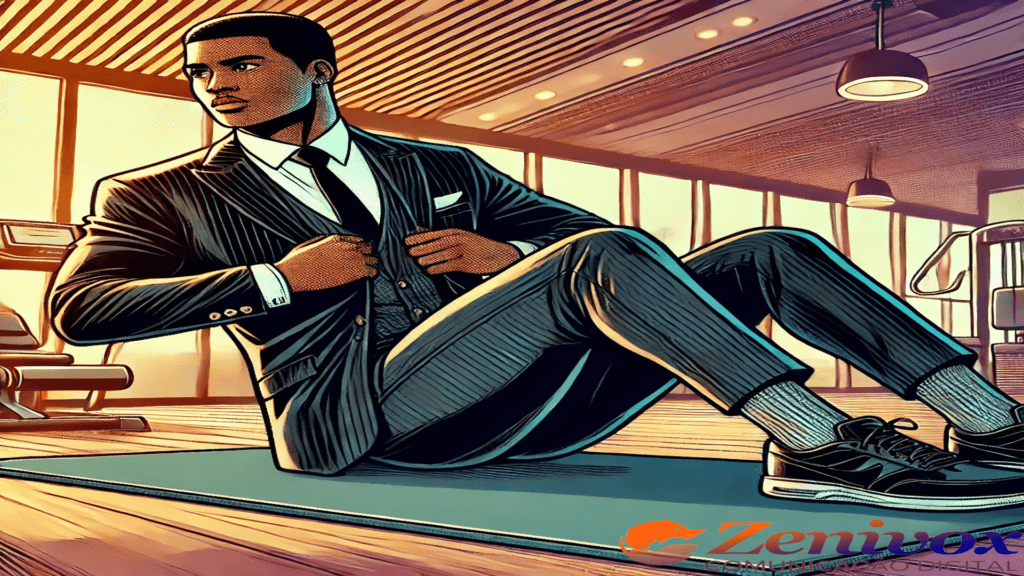 Ilustração em estilo de quadrinhos representando um homem negro de terno e gravata fazendo abdominais em um ambiente de academia. A imagem simboliza a importância de uma estrutura sólida, comparando um núcleo bem trabalhado à organização do conteúdo em um site.