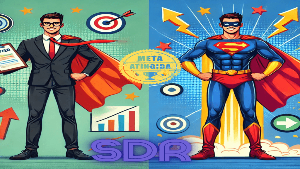 Ilustração cartunesca representando a transformação de um SDR profissional em um super-herói das vendas. À esquerda, o SDR aparece em traje formal com uma prancheta de leads e gráficos, simbolizando sua função analítica e estratégica. À direita, o mesmo SDR se transforma em um super-herói confiante com capa e emblema no peito, cercado por elementos gráficos como alvos e setas ascendentes, representando alta performance e impacto nas vendas.