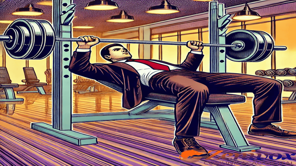 Ilustração em estilo de quadrinhos de um homem de terno e gravata realizando o exercício de supino em uma academia moderna, simbolizando como meta tags SEO On-Page como base para causar uma ótima primeira impressão nos resultados de busca.