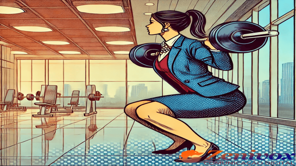 Ilustração em estilo de quadrinhos representando uma mulher vestida de social realizando agachamentos com barra em uma academia moderna. A imagem simboliza como as pernas sustentam o corpo e permitem o movimento, comparando os links internos e externos que se conectam às diferentes partes de um site, melhorando a navegação e fortalecendo o SEO.