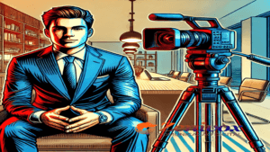 Um homem de terno e gravata sentado em um escritório moderno, com uma câmera de vídeo montada em um tripé apontado para ele. A cena transmite um ambiente profissional e preparado para a produção de conteúdo audiovisual, ideal para marketing de vídeo em escritórios de propriedade intelectual. As cores vibrantes em tons de azul e vermelho destacam o tema dinâmico e criativo.