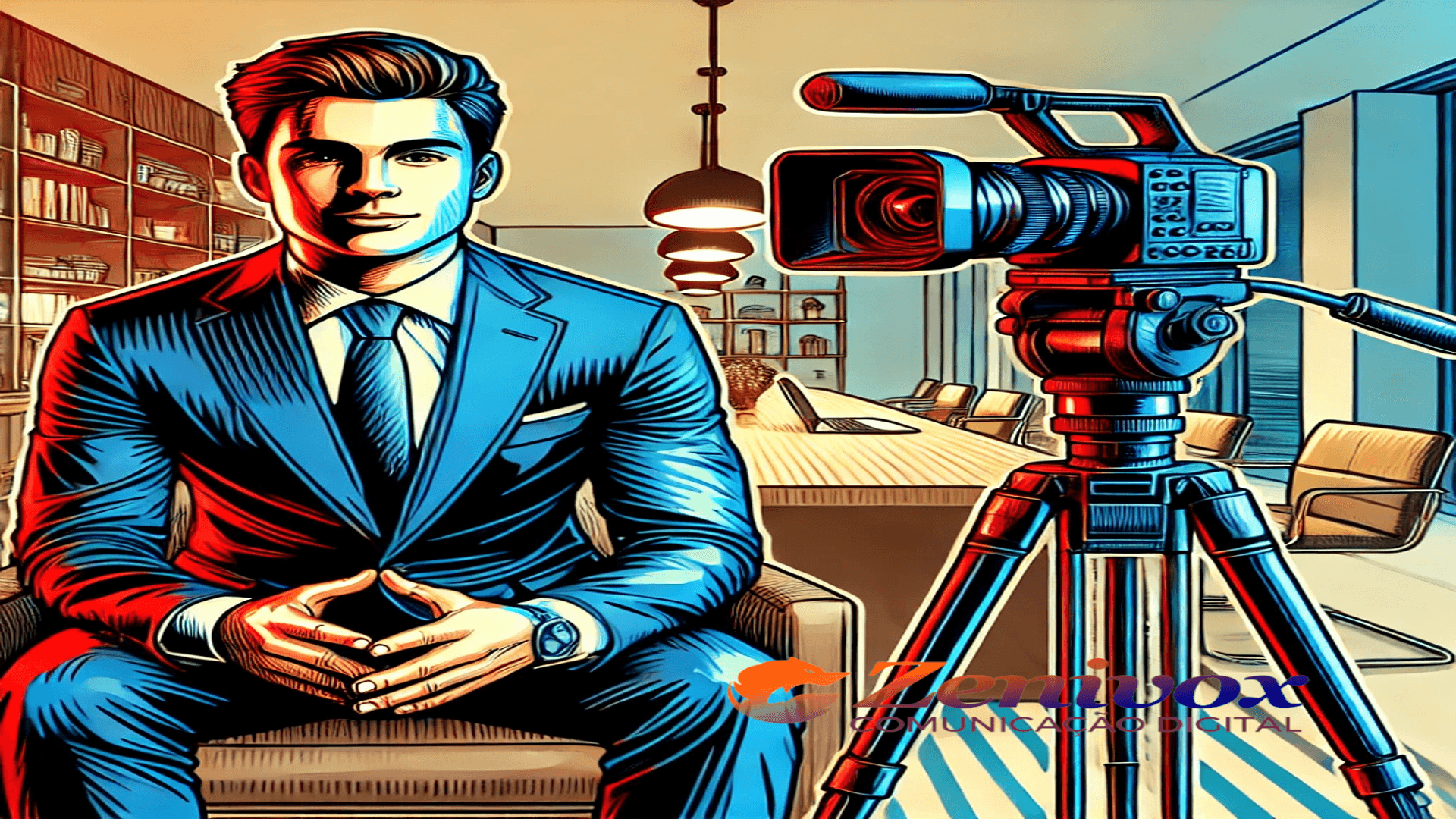 Um homem de terno e gravata sentado em um escritório moderno, com uma câmera de vídeo montada em um tripé apontado para ele. A cena transmite um ambiente profissional e preparado para a produção de conteúdo audiovisual, ideal para marketing de vídeo em escritórios de propriedade intelectual. As cores vibrantes em tons de azul e vermelho destacam o tema dinâmico e criativo.