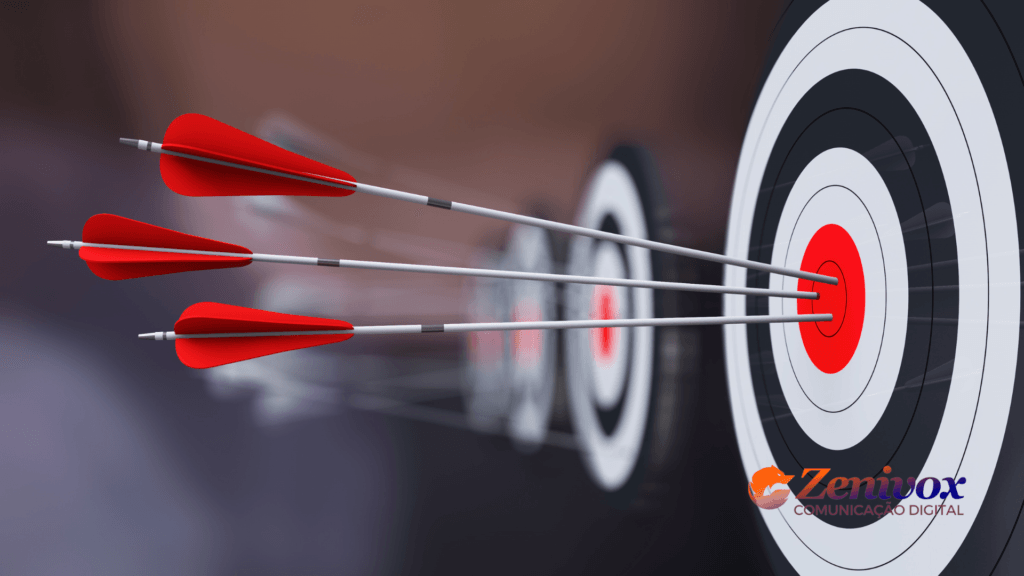 Imagem de um alvo com flechas atingindo o centro, representando precisão e eficácia. Ao lado, a marca Zenivox Comunicação Digital destaca estratégias assertivas, simbolizando os anúncios no Instagram Ads como ferramenta eficiente para atingir um público engajado e otimizar o ROI.