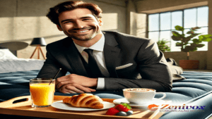 Homem de negócios elegante sorrindo enquanto aprecia café da manhã com croissant, suco de laranja e cappuccino, representando as estratégias de marketing para atrair clientes da airbnb
