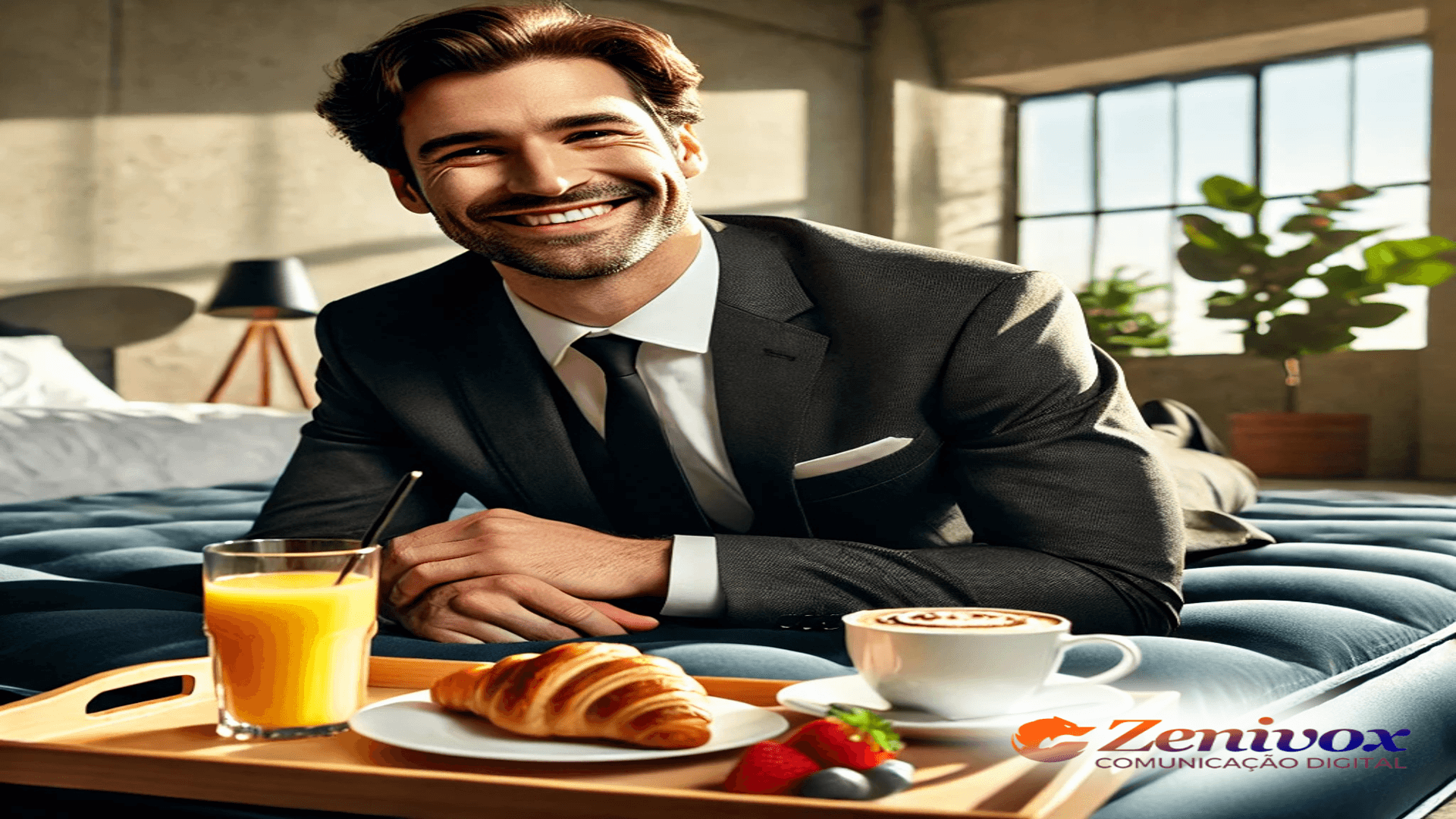 Homem de negócios elegante sorrindo enquanto aprecia café da manhã com croissant, suco de laranja e cappuccino, representando as estratégias de marketing para atrair clientes da airbnb