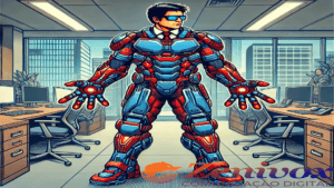 Ilustração cartunesca de um executivo em um escritório futurista, usa uma armadura tecnológica avançada nos núcleos azul e vermelho, simbolizando Como a IA pode melhorar as vendas da sua empresa. A armadura apresenta sistemas de propulsão e dispositivos de repulsão nas mãos e pés, representando inovação e avanço estratégico, com um fundo de ambiente corporativo moderno