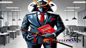 Ilustração gráfica de um samurai moderno em um ambiente corporativo, segurando o livro 'Predictable Revenue' com capa vermelha, simbolizando disciplina, estratégia e profissionalismo no universo empresarial para cumprir as métricas da receita previsível. O samurai está vestido com um terno formal preto e gravata vermelha, destacando um equilíbrio entre tradição e modernidade