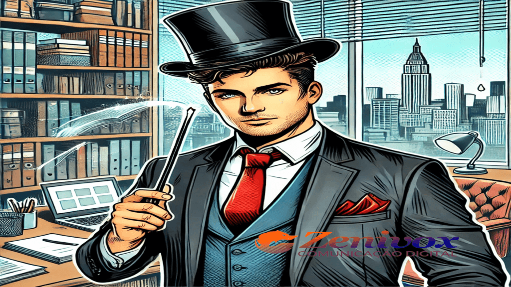 A imagem mostra um empresário em um escritório elegante, usando um terno, cartola e varinha mágica, simbolizando a inovação e o impacto da realidade aumentada (AR) no marketing moderno.