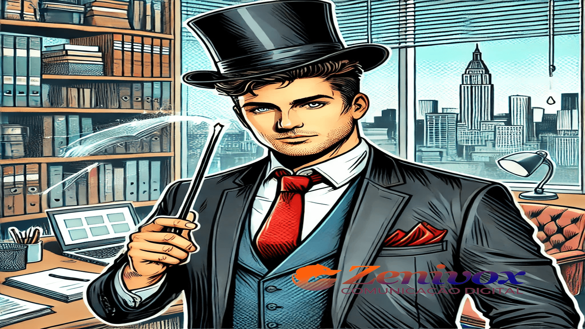 A imagem mostra um empresário em um escritório elegante, usando um terno, cartola e varinha mágica, simbolizando a inovação e o impacto da realidade aumentada (AR) no marketing moderno.