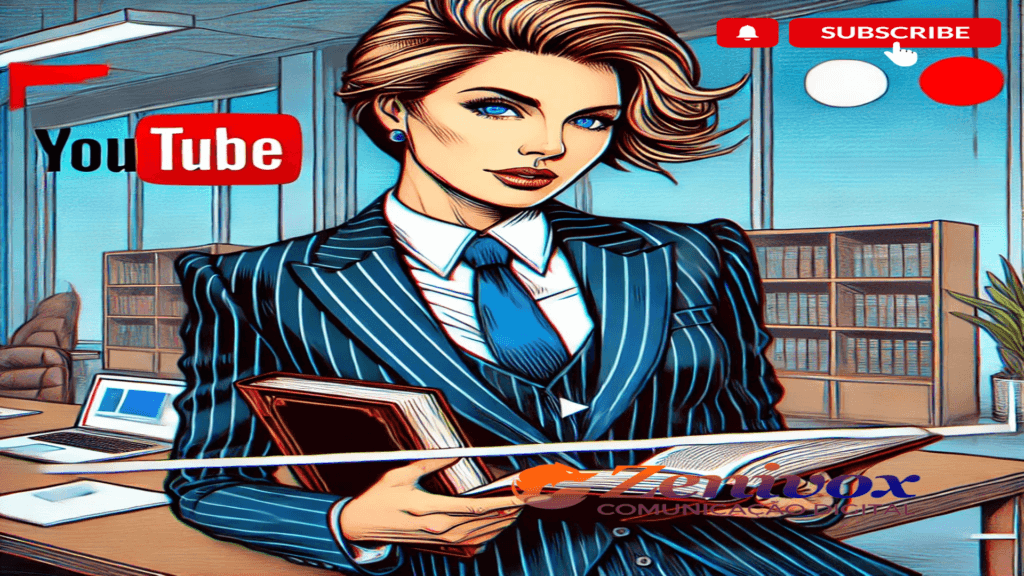 Ilustração de uma mulher em roupas sociais em um escritório, segurando um livro e sendo filmada pela interface do YouTube. A imagem é estilizada com contornos marcantes e cores vibrantes, predominantemente azul e vermelho, em um ambiente iluminado e organizado. Representa o poder do marketing de vídeo para escritórios de propriedade intelectual, destacando como conteúdos educativos podem traduzir conceitos legais em linguagem visualmente atraente e acessível, ajudando a construir confiança com os clientes.