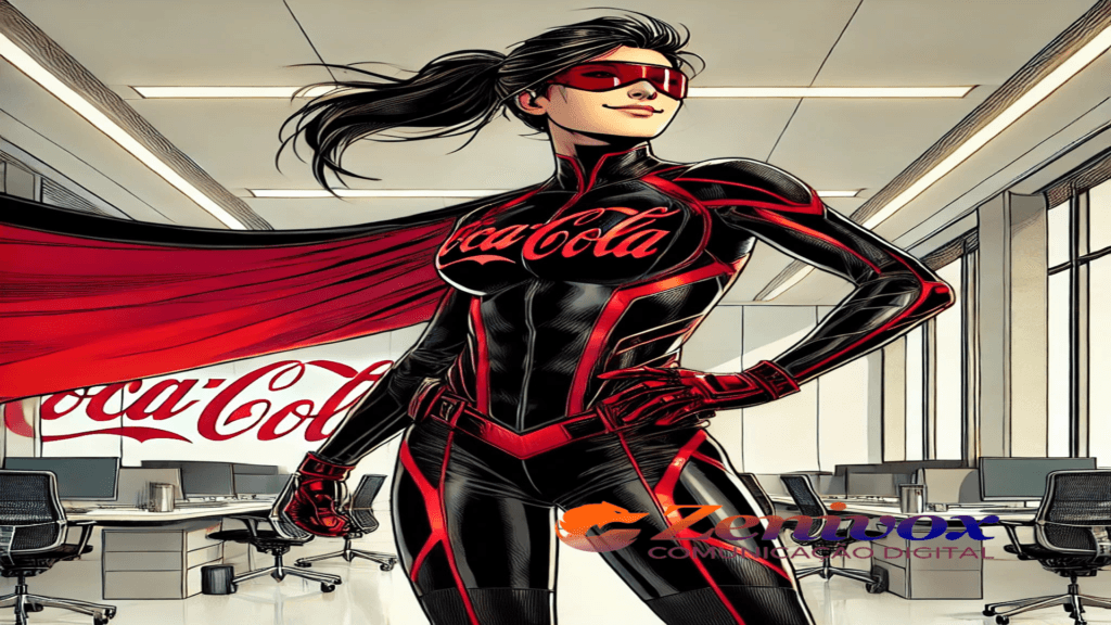Uma super-heroína inspirada na Coca-Cola, representando a força de uma identidade visual única e poderosa. Ela veste um traje preto com detalhes em vermelho, que refletem os elementos icônicos da marca e reforçam sua essência. O fundo do cenário é um escritório moderno e bem iluminado, destacando a conexão entre branding, estratégia e reconhecimento visual.