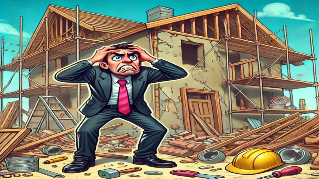 Homem de terno com expressão de desespero, em frente a uma casa em construção caótica, representando os desafios de mudanças mal planejadas nos processos comerciais.