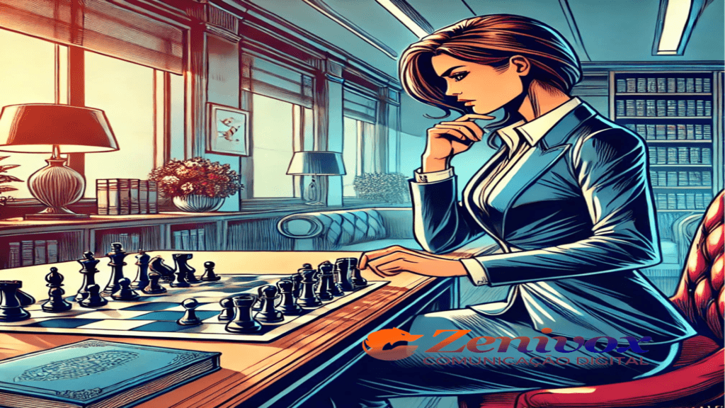 Ilustração de uma mulher em roupas formais jogando xadrez sozinha em um escritório bem iluminado. Ao lado dela, um livro está colocado sobre a mesa, simbolizando planejamento e conhecimento estratégico. A imagem utiliza tons predominantes de azul e vermelho para destacar o cenário profissional e organizado.